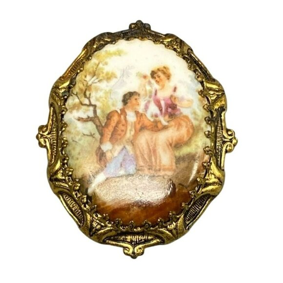 Antique Victorian Courting Couple Porcelain Brass Pin Brooch C Clasp 1.5" - Picture 1 of 5